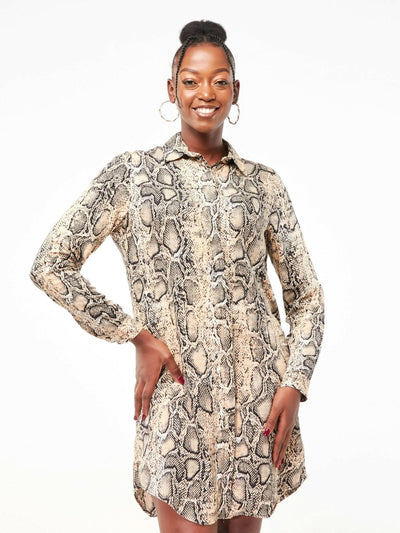 The Fashion Frenzy Snake Print Shirt Dress - Cream - Shopzetu