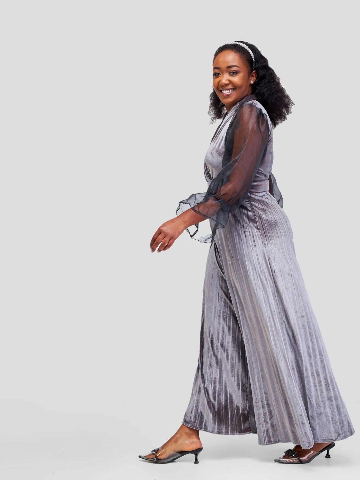 Bold N Chic Flared Velvet Jumpsuit - Grey - Shopzetu