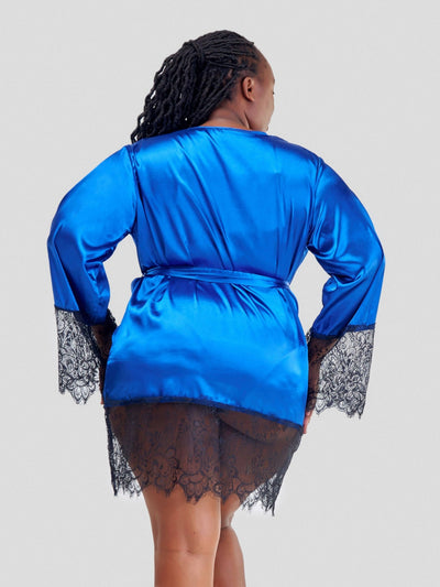 Intimates Kenya Eyelash Lace Nightdress Silk Long Sleeves Sleepwear with G String - Blue - Shopzetu