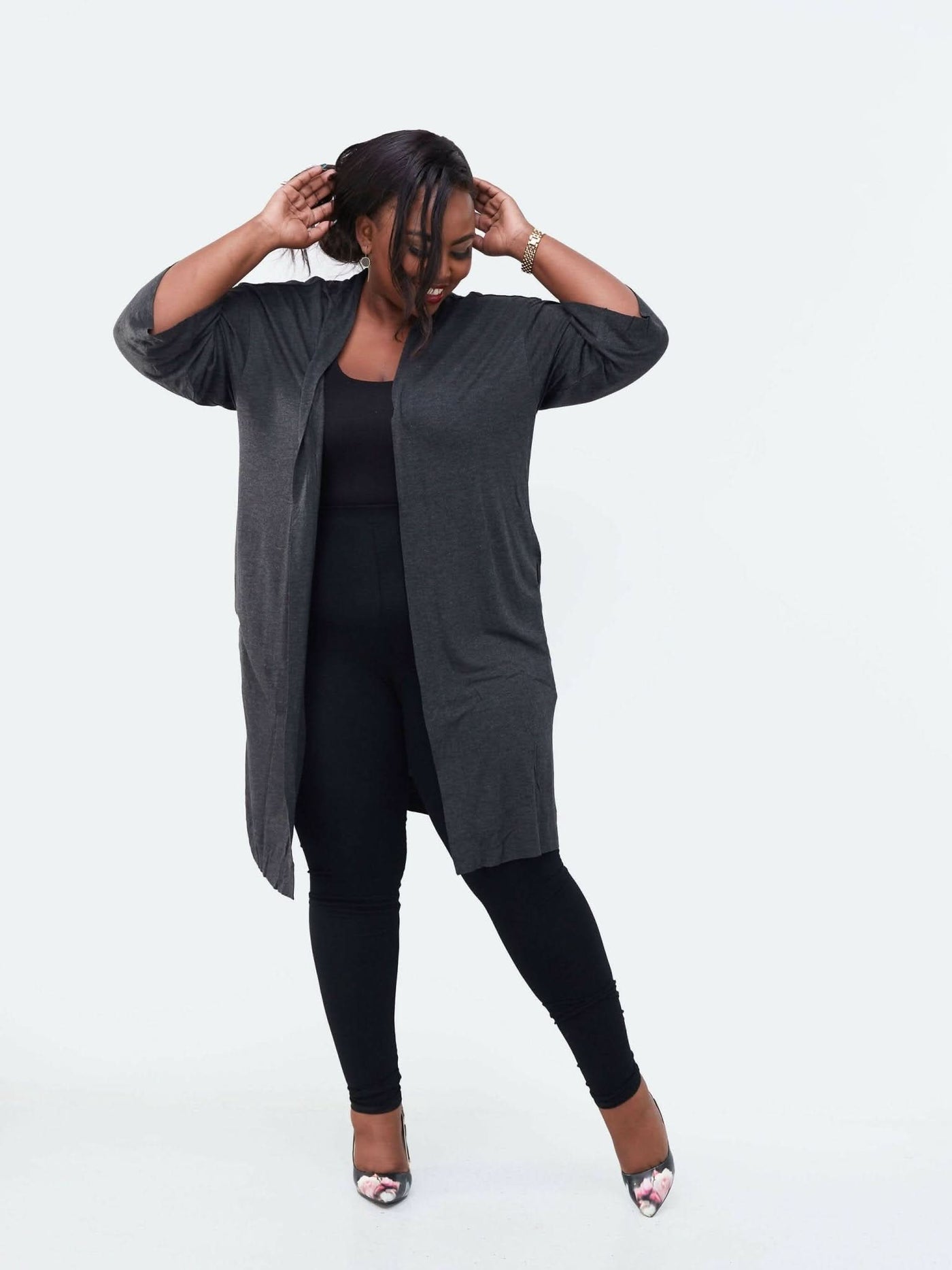 Hessed Long Buttonless Waterfall - Dark Grey - Shopzetu
