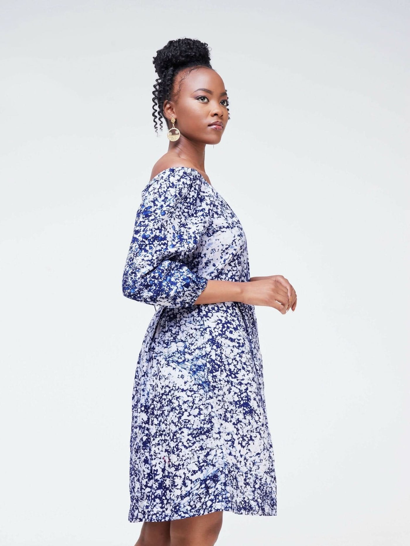 The Fashion Frenzy Keino Off Shoulder Skater- Blue / White Print - Shopzetu