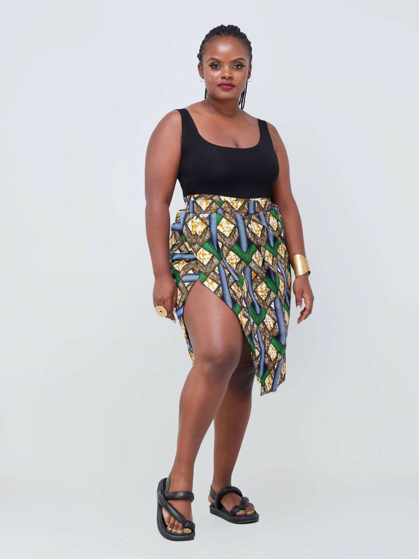 Vazi Afriq Ankara Wrap Skirt - Beige / Green - Shopzetu