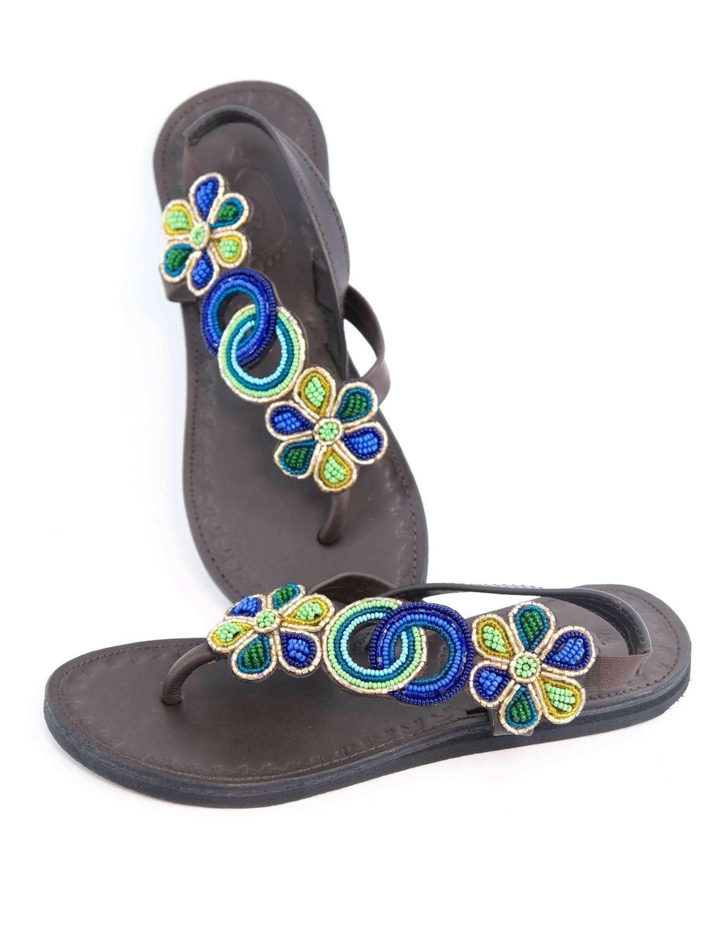 Azu's Beaded Backstrap Sandals - Blues / Green / Gold - Shopzetu