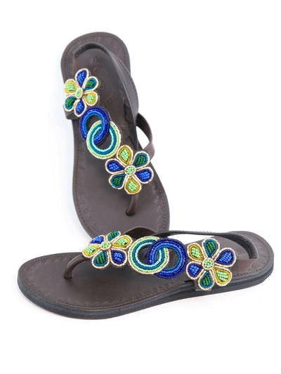 Azu's Beaded Backstrap Sandals - Blues / Green / Gold - Shopzetu