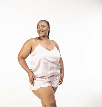 Intimates Kenya Camisole Satin Chiffon Sleepwear with Ruffle Short Pants - Pink - Shopzetu