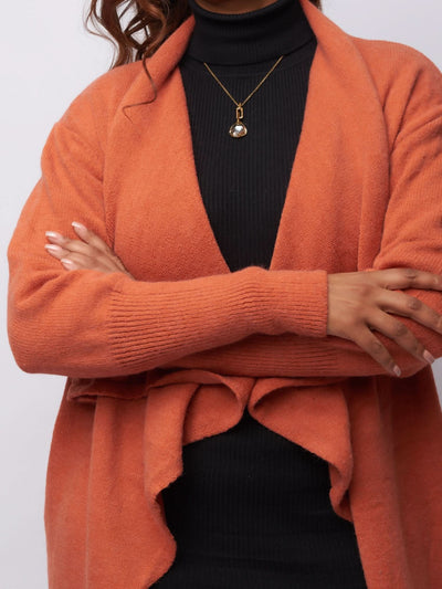 Tuli Thandiwe Drape Collar Long Cardigan - Rust Red - Shopzetu