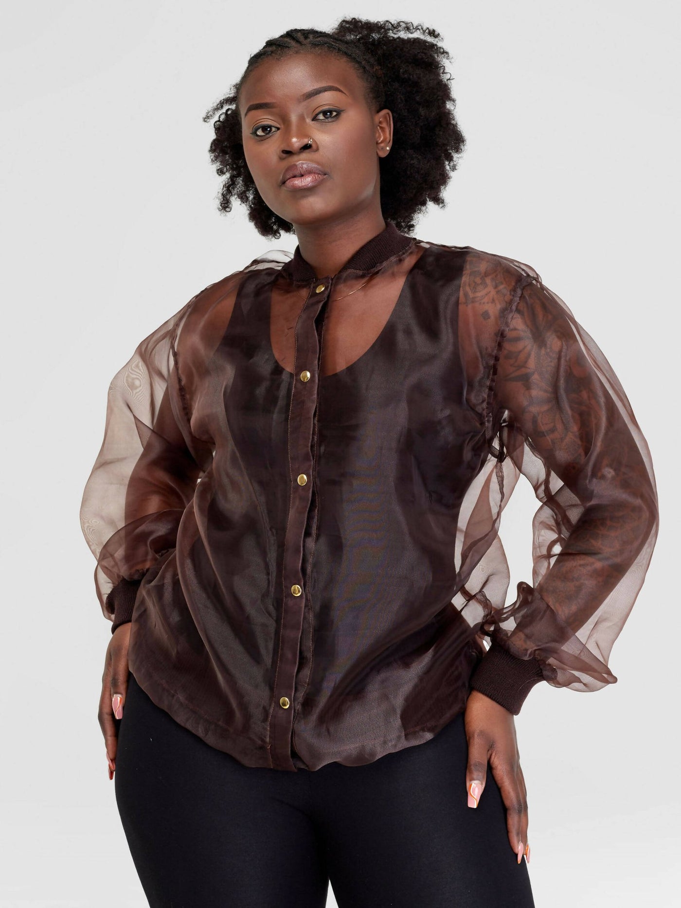 Vazi Afriq Organza Bomber Jacket - Brown - Shopzetu