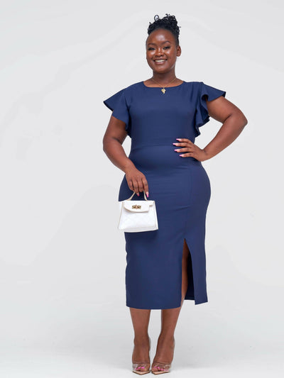 The Fashion Frenzy Bell Cap Sleeve Dress - Navy Blue - Shopzetu