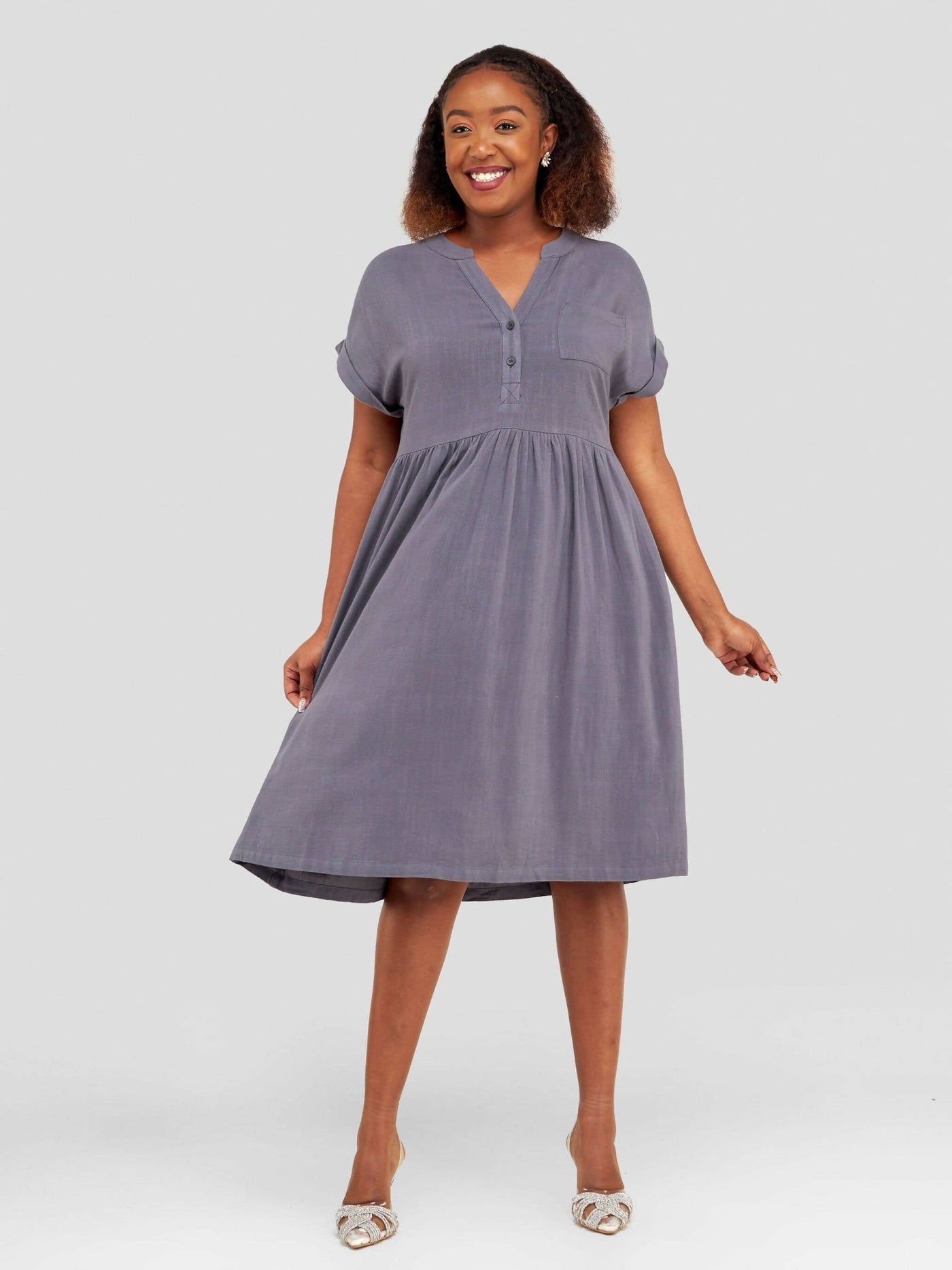 Valuespot Linen Blend Dress - Grey - Shopzetu