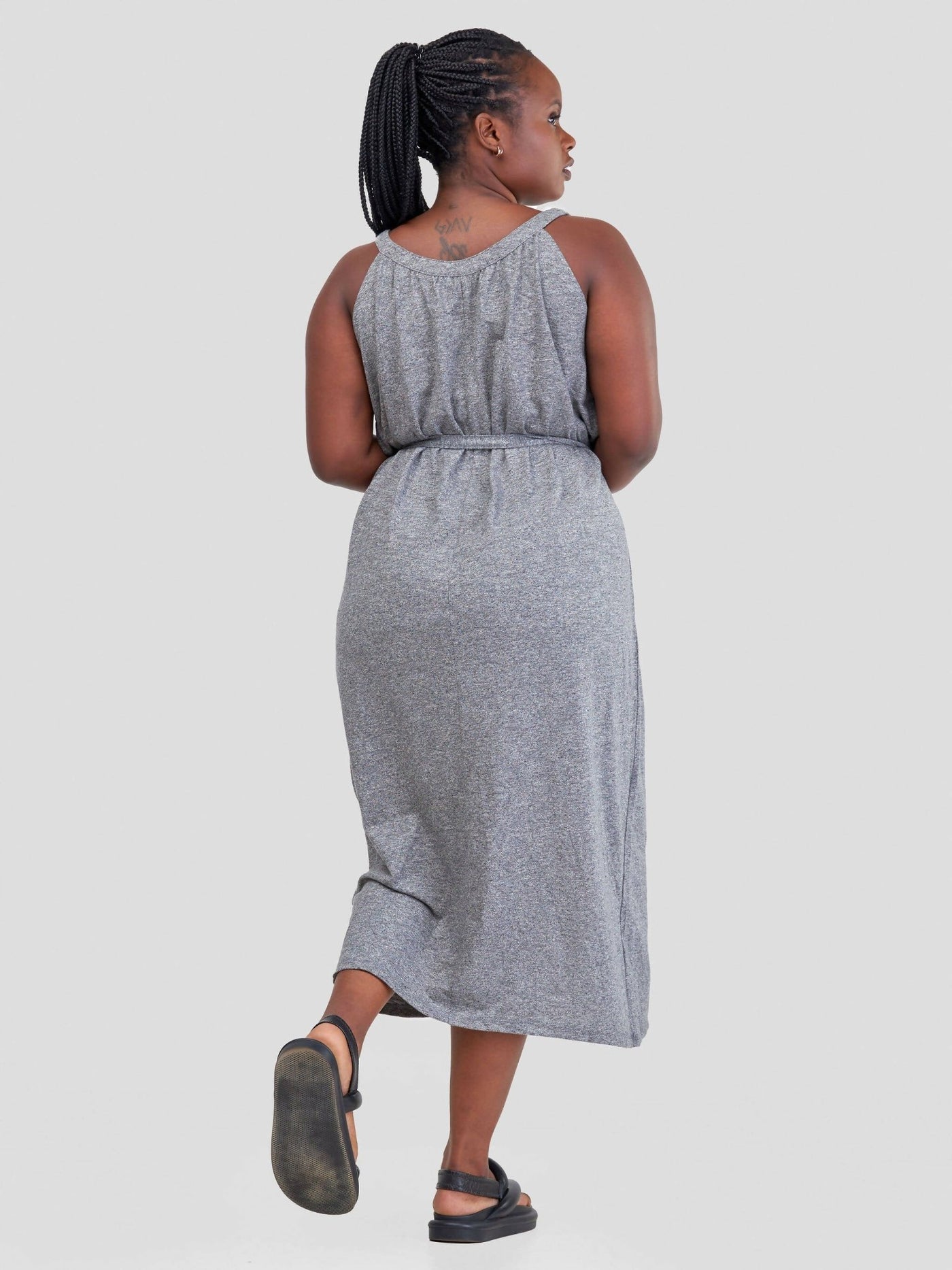 Hessed Midi Round Neck Sleeveless Dress - Grey - Shopzetu
