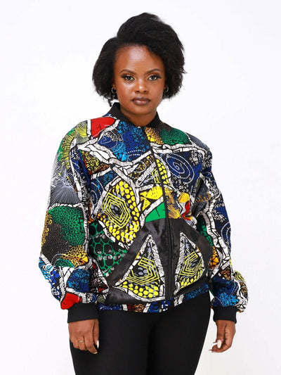 Ancestral House Nef African Print Bomber - Green / Blue Print - Shopzetu
