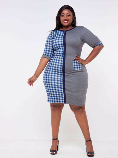 Dd Holdings 3/4 Sleeved Checked Back Slit Dress - Blue - Shopzetu