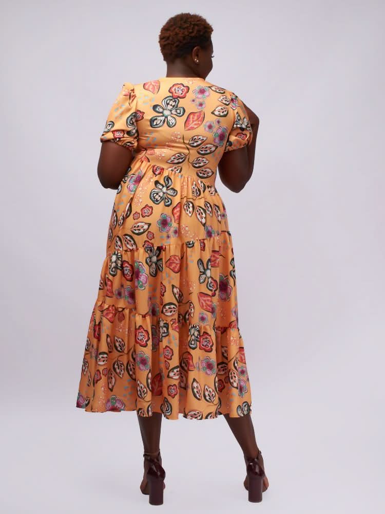 Tuli Sofia Baby Doll Midi Dress - Mustard Print - Shopzetu