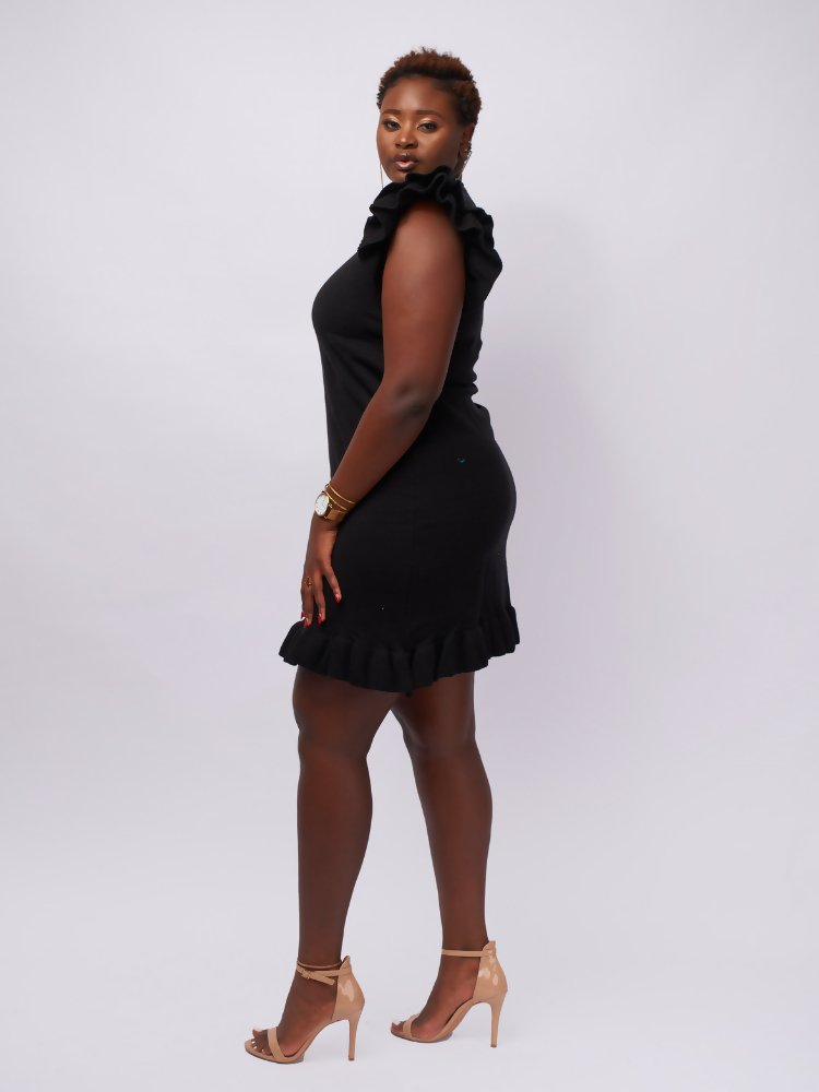 Tuli Rehema Ruffled Sweater Dress - Black - Shopzetu
