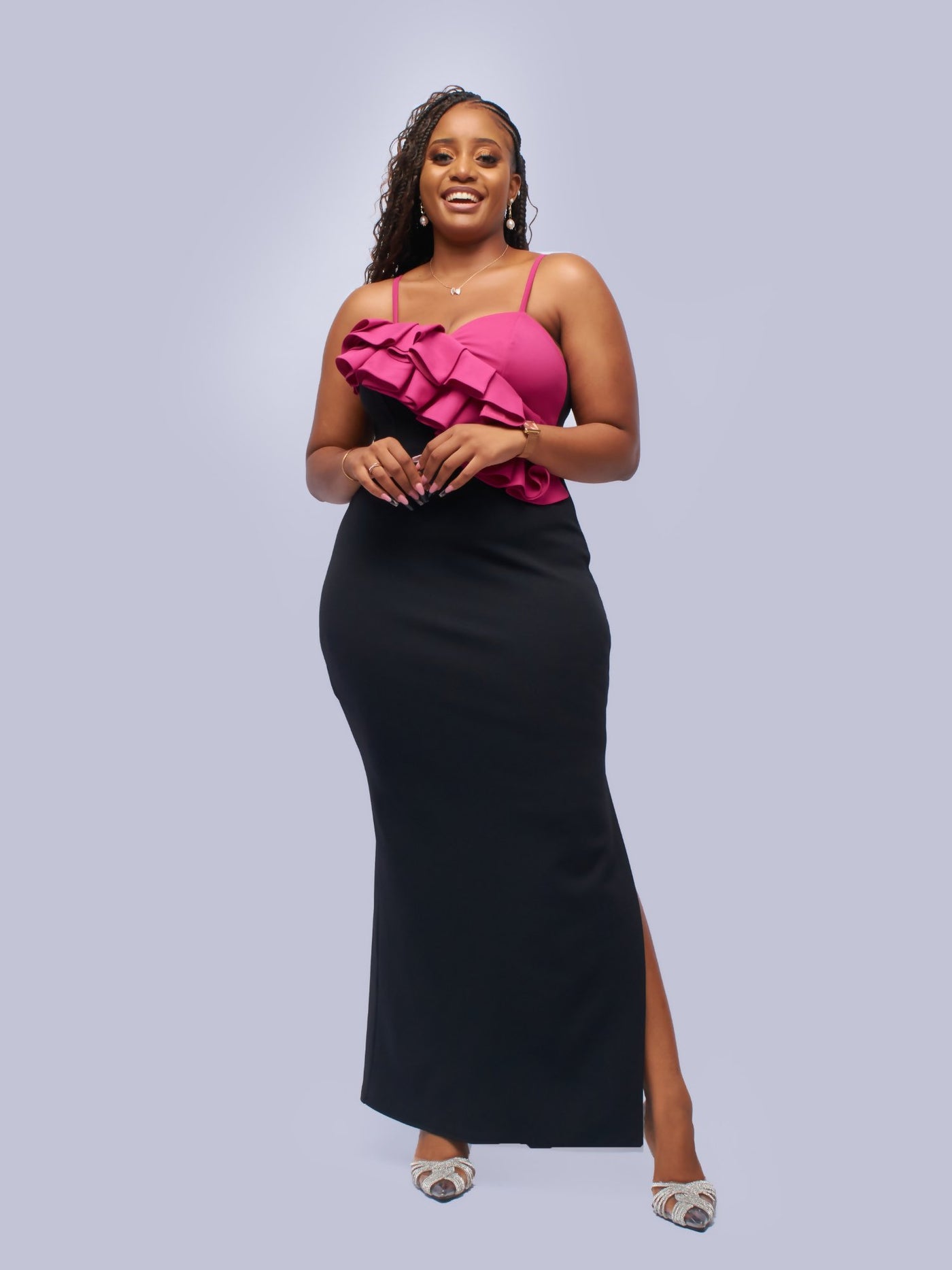 Tuli Katwiri Colour Block Maxi Dress - Fuchsia & Black - Shopzetu