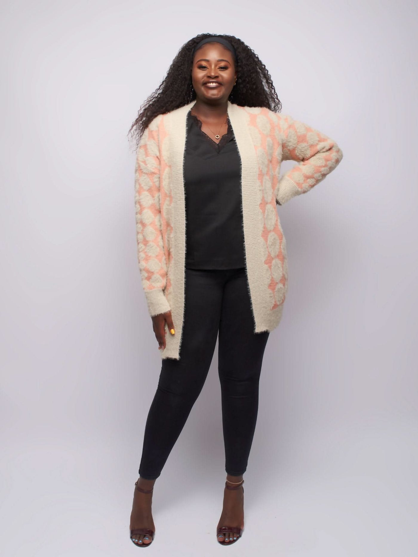 Tuli Zola Diamond Print Cardigan - Peach / Pink - Shopzetu
