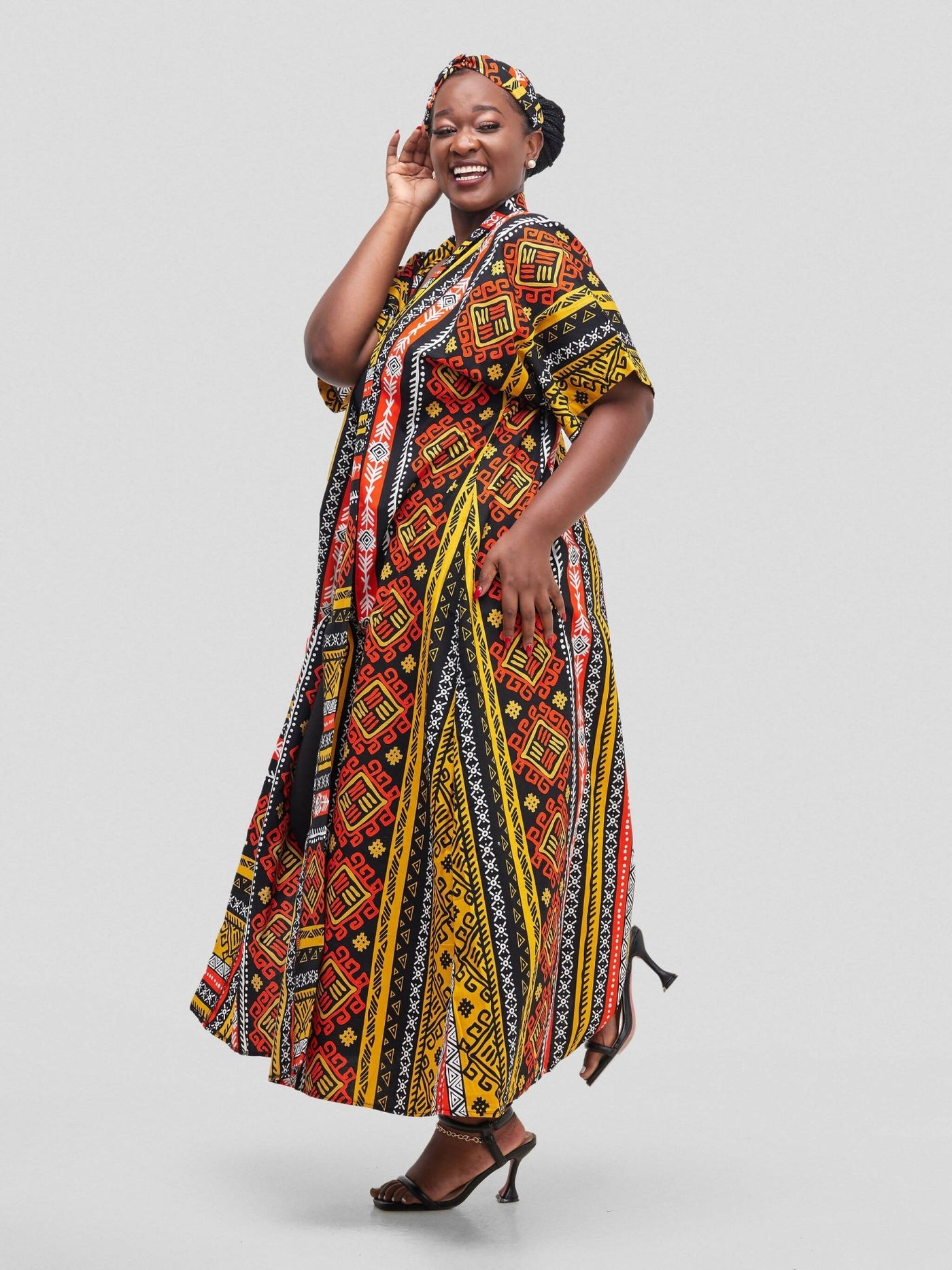 Simbaress Kitenge Raha Long Kimono - Black/Orange - Shopzetu