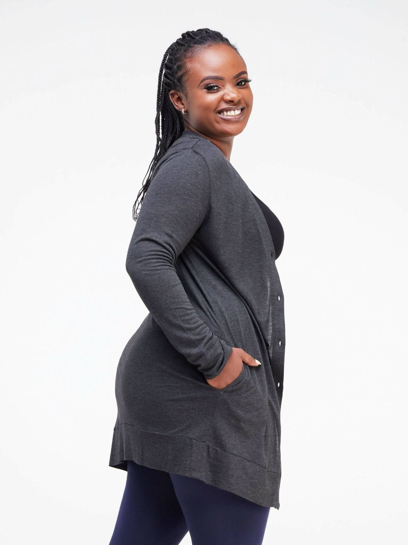 Hessed Midi Buttoned Waterfall - Dark Grey - Shopzetu