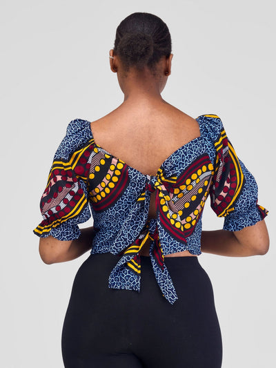 Safari Anga Puffy Short Sleeve Tie Top - Navy Blue / Yellow Ankara Print - Shopzetu