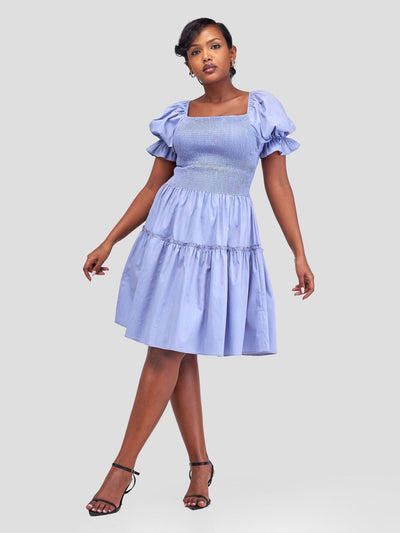 Safari Mara Shirred Bishop Sleeve Dress - Light Blue - Shopzetu