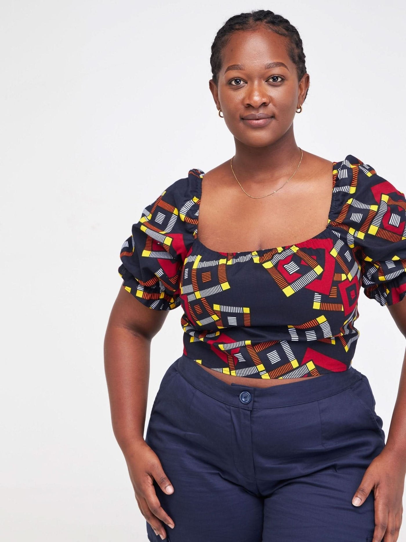 Safari Anga Puffy Short Sleeve Tie Top - Navy Blue / Orange Ankara Print - Shopzetu