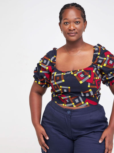 Safari Anga Puffy Short Sleeve Tie Top - Navy Blue / Orange Ankara Print - Shopzetu