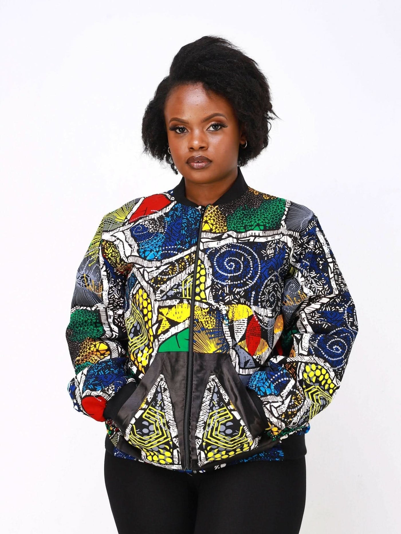 Ancestral House Nef African Print Bomber - Green / Blue Print - Shopzetu