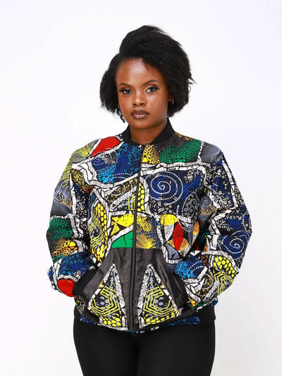 Ancestral House Nef African Print Bomber - Green / Blue Print - Shopzetu