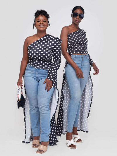 Bold N Chic One Shoulder Polka Dot Trail Top - Black - Shopzetu