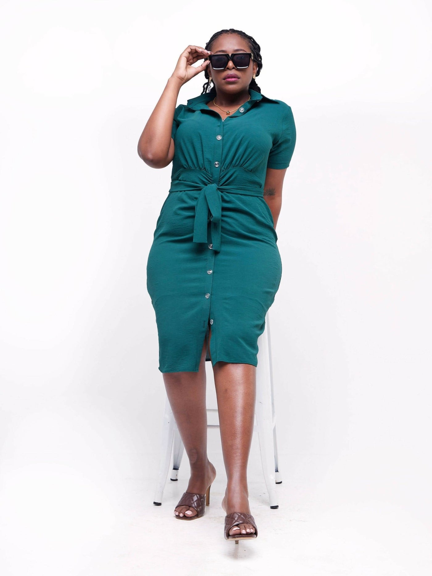 Phyls Collections Nate Knee Length Shirt Dress - Green - Shopzetu