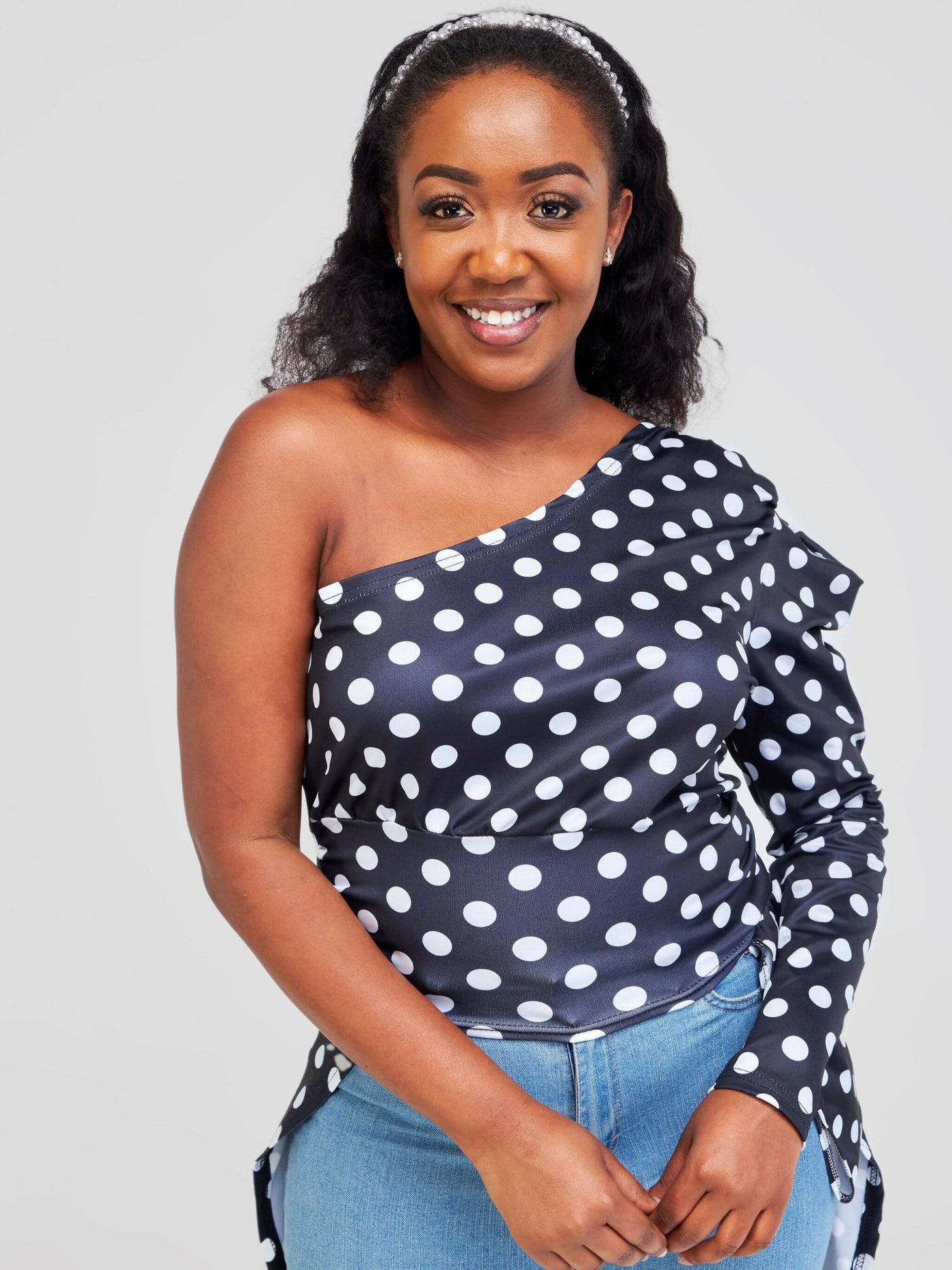 Bold N Chic One Shoulder Polka Dot Trail Top - Black - Shopzetu