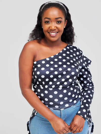 Bold N Chic One Shoulder Polka Dot Trail Top - Black - Shopzetu