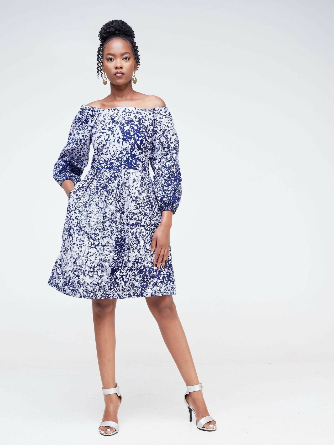 The Fashion Frenzy Keino Off Shoulder Skater- Blue / White Print - Shopzetu