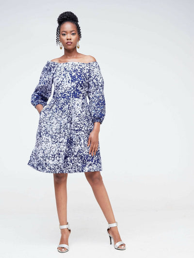 The Fashion Frenzy Keino Off Shoulder Skater- Blue / White Print - Shopzetu