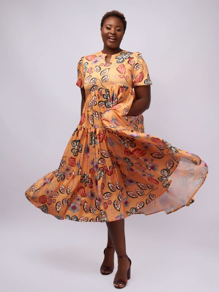 Tuli Sofia Baby Doll Midi Dress - Mustard Print - Shopzetu
