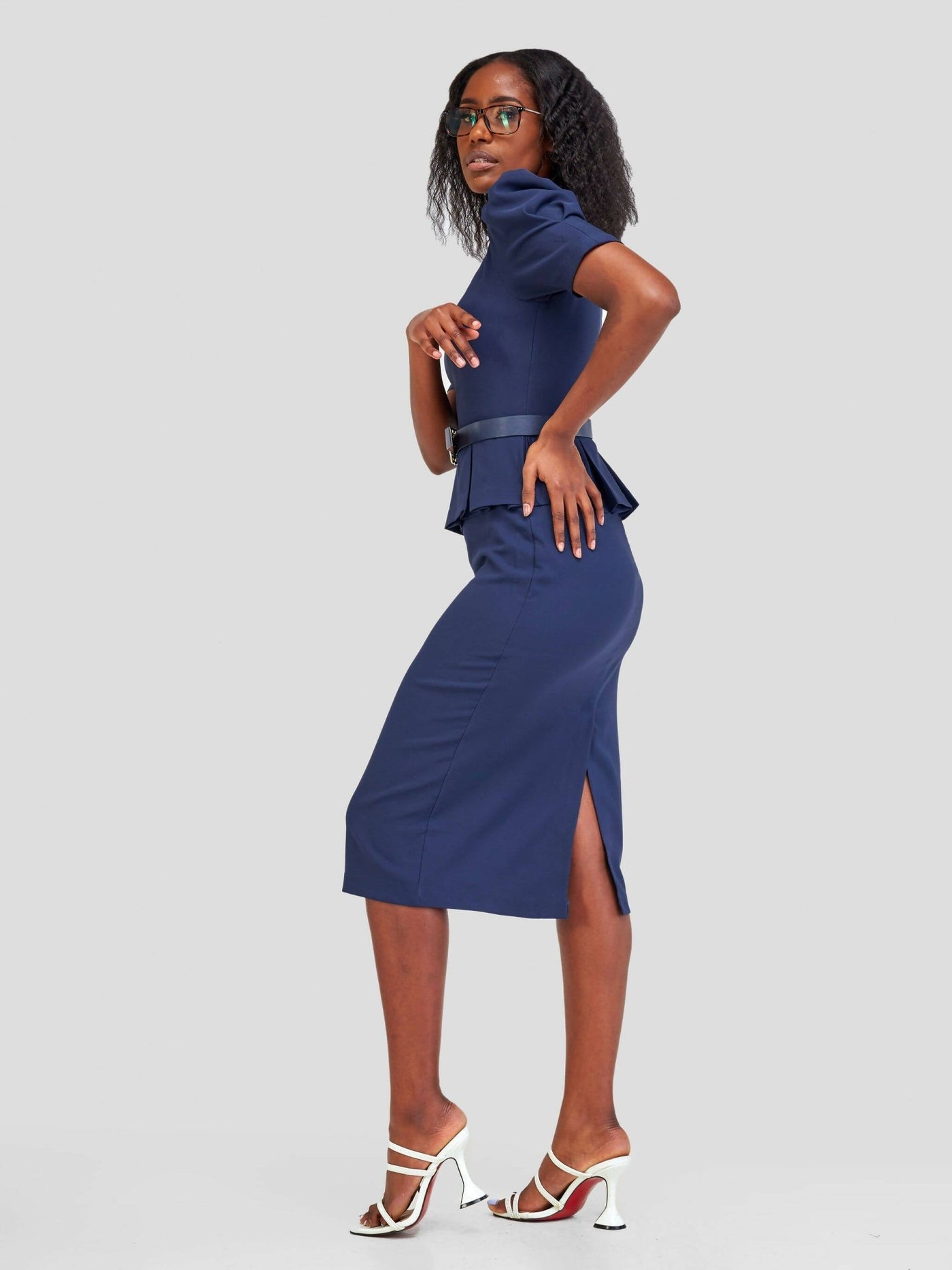The Fashion Frenzy Belted Peplum Dress - Navy Blue - Shopzetu