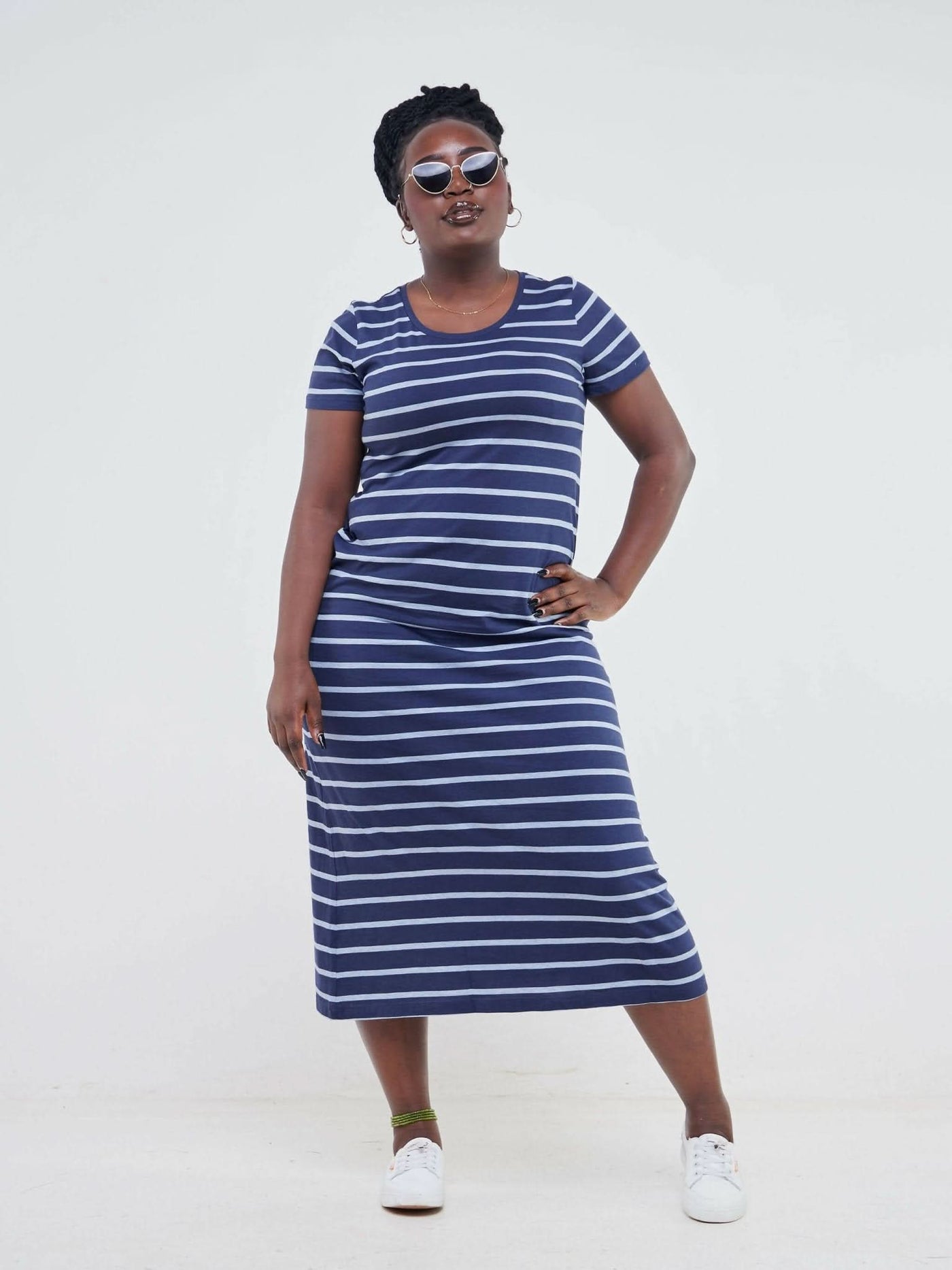 Hessed Sleeved Midi Stripped Dress - Blue - Shopzetu