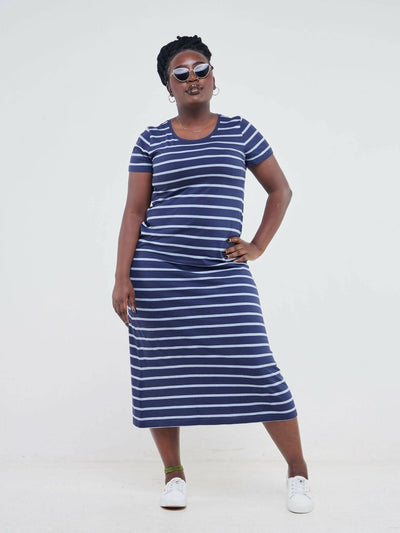 Hessed Sleeved Midi Stripped Dress - Blue - Shopzetu