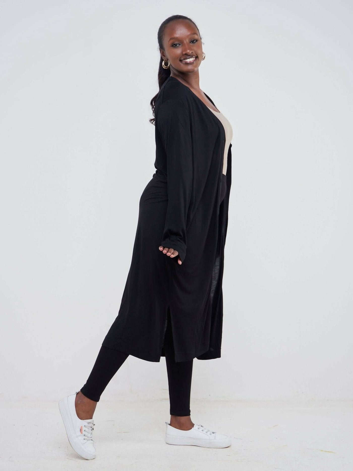 Hessed Long Buttoned Waterfall - Black - Shopzetu