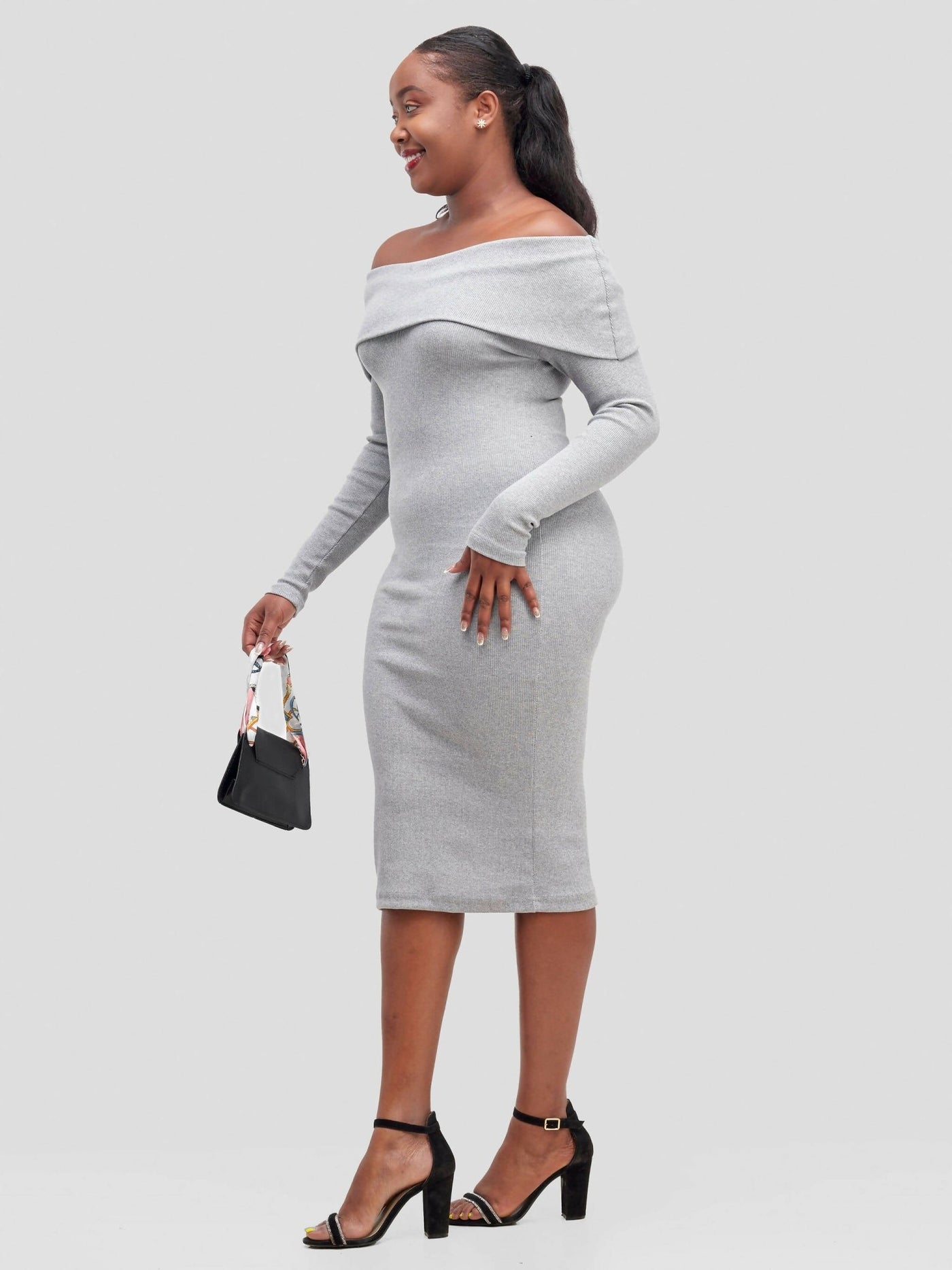 Chic Plug Off - Shoulder Dress - Grey - Shopzetu