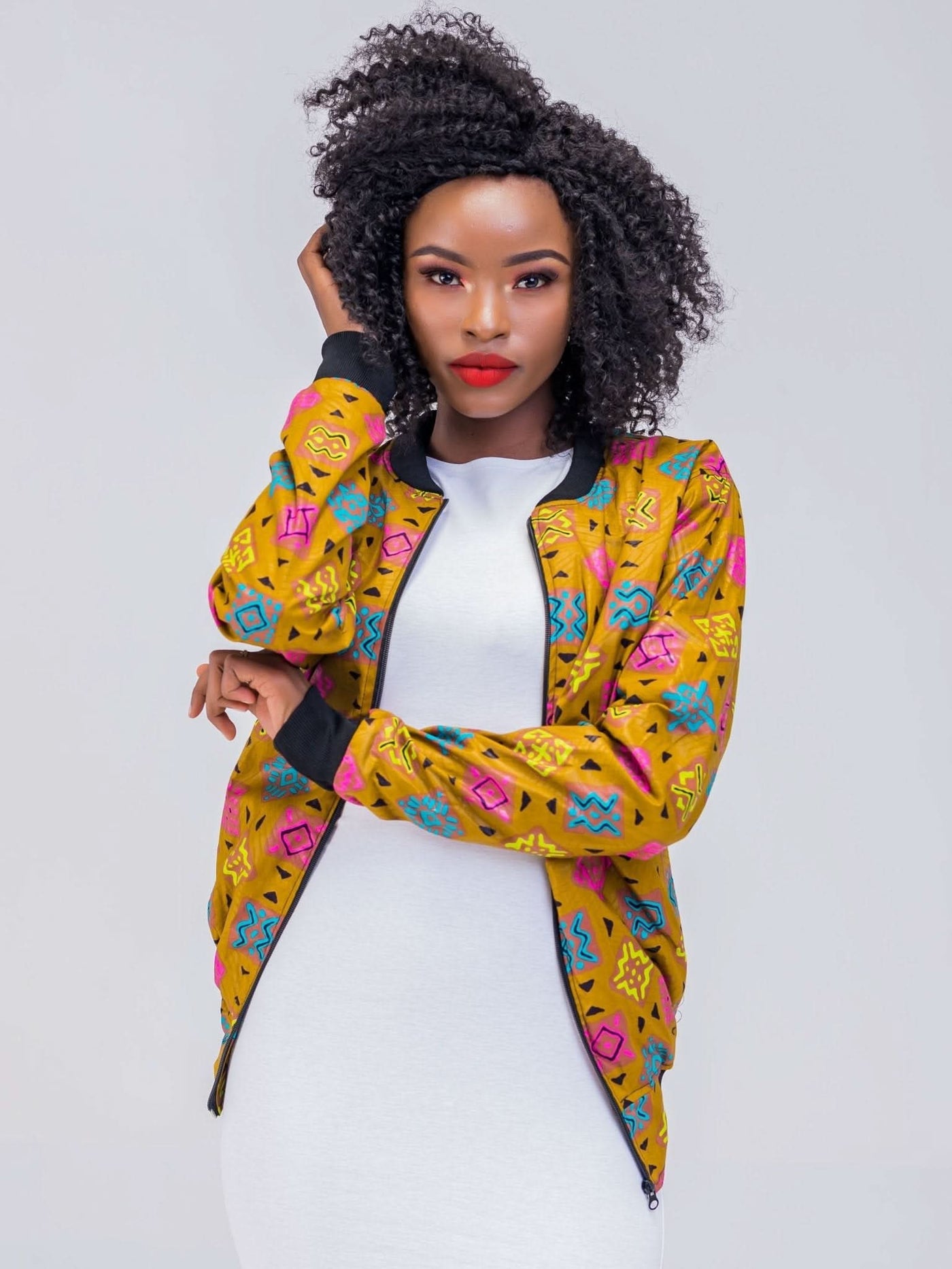 El Afrique Unisex Bomber Jacket - Mustard Print - Shop Zetu Kenya