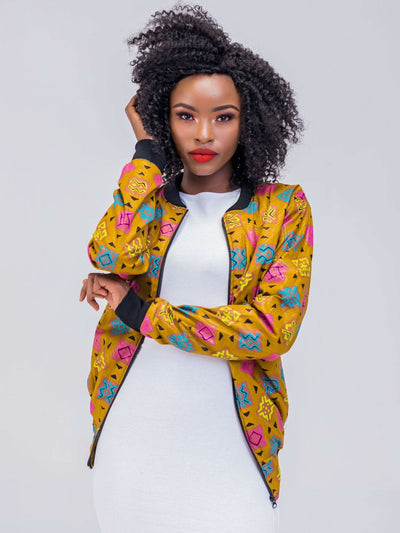 El Afrique Unisex Bomber Jacket - Mustard Print - Shop Zetu Kenya