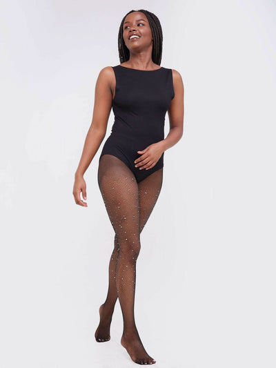 Faux Rhinestones Fishnet Stockings - Black - Shopzetu