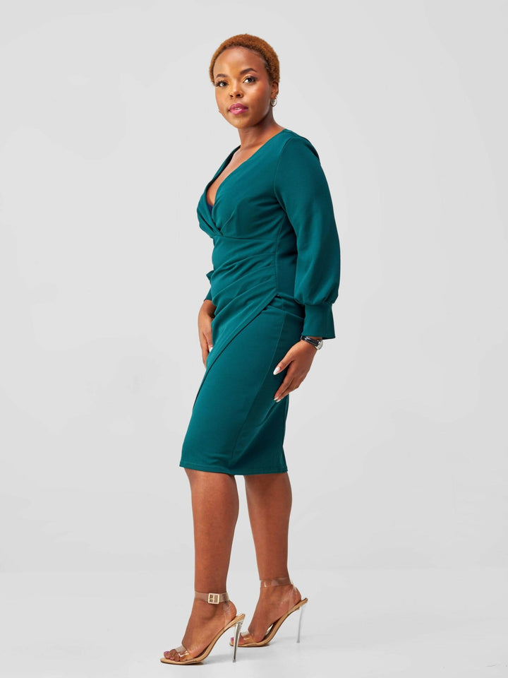Immaculate Chic Wrap Pleat Dress - Emerald Green - Shopzetu