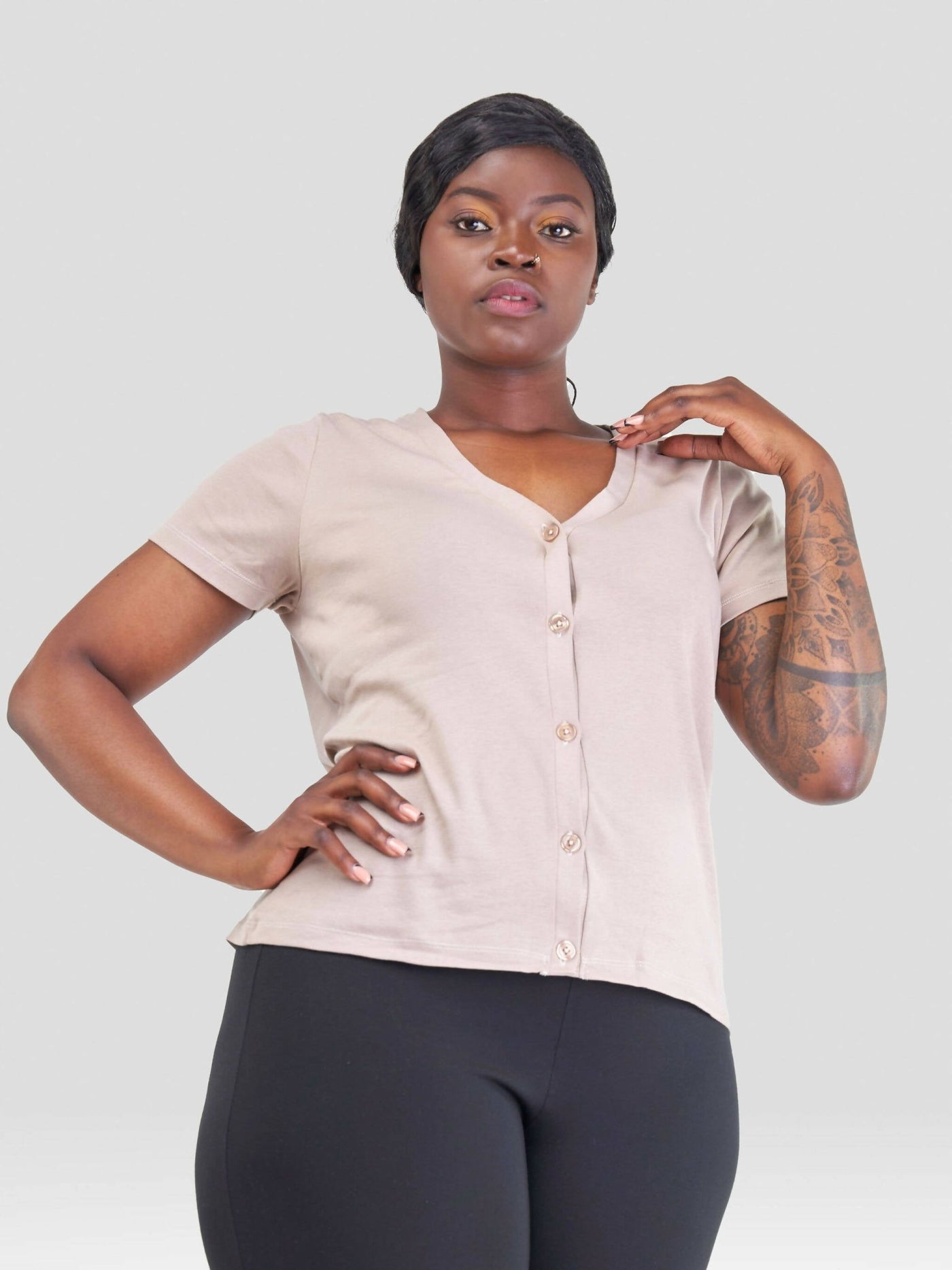 Hessed V - Neck Short Sleeved Buttoned Top - Beige - Shopzetu