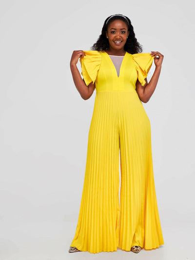 Bold N Chic Pleated Flared Jumpsuit - Yellow - Shopzetu