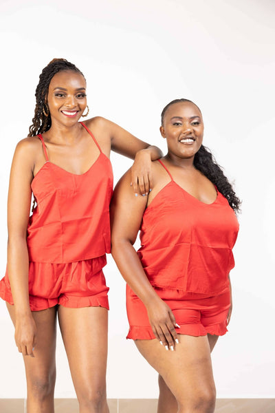 Intimates Kenya Camisole Satin Chiffon Sleepwear with Ruffle Short Pants - Red - Shopzetu