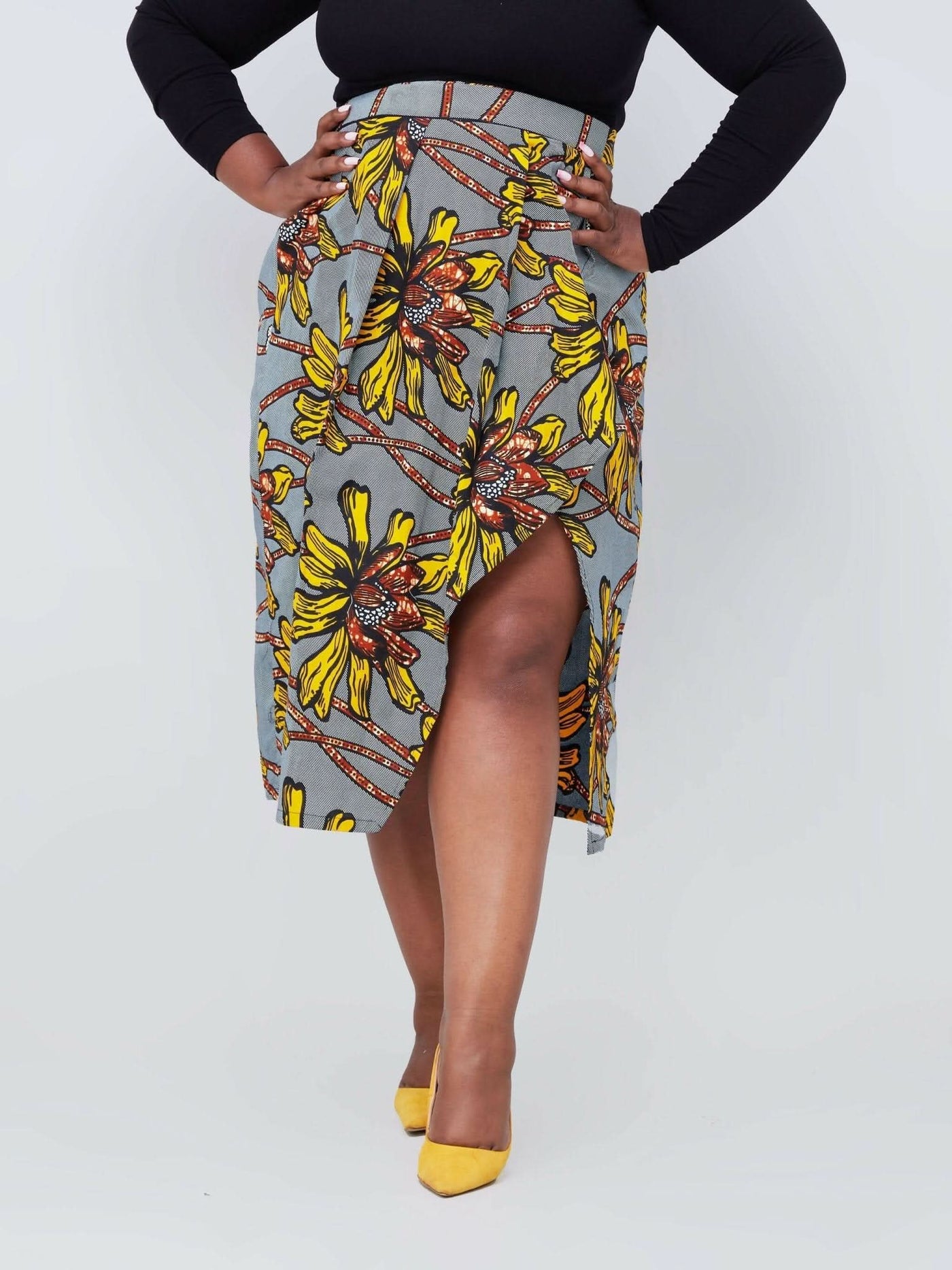 Vazi Afriq Ankara Wrap Skirt - Grey / Yellow - Shopzetu