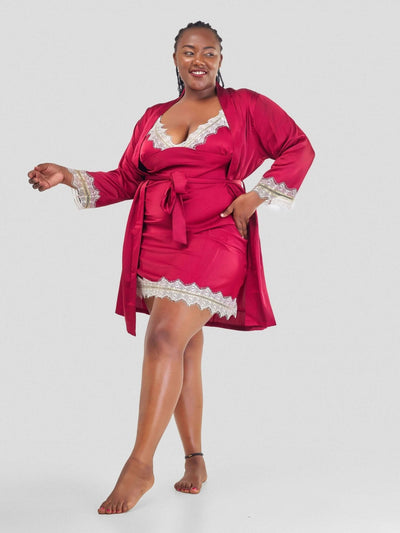 Intimate Kenya Silk Robe and Nightdress- Red - Shopzetu
