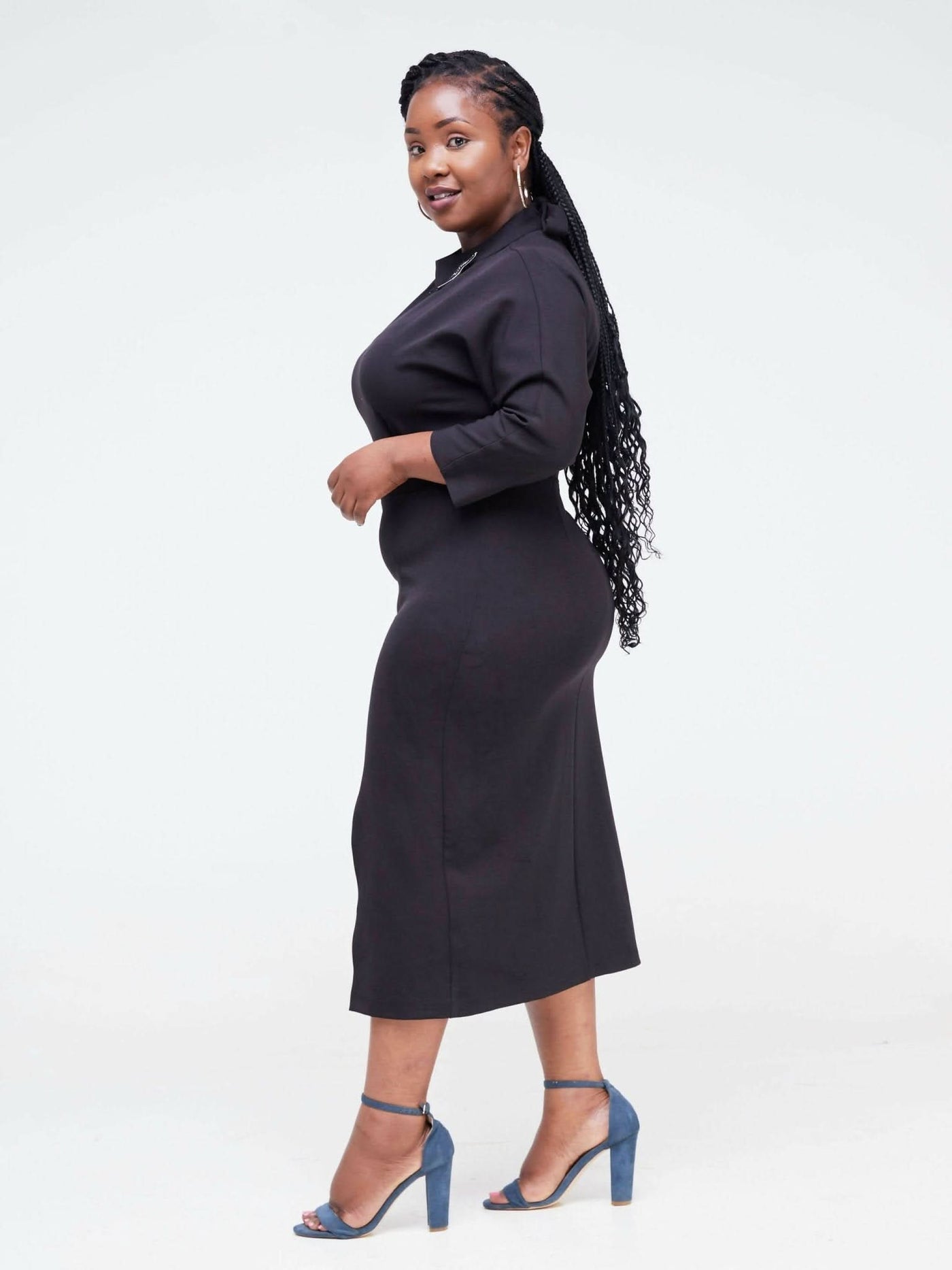 The Fashion Frenzy Front Slit Pencil Dress- Black - Shopzetu